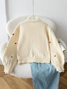 Tween Girl 秋/冬時尚 心形拼接 白色對比色 荷葉邊 極簡針織開襟衫 長袖毛衣 - 杏色 - 查看 2