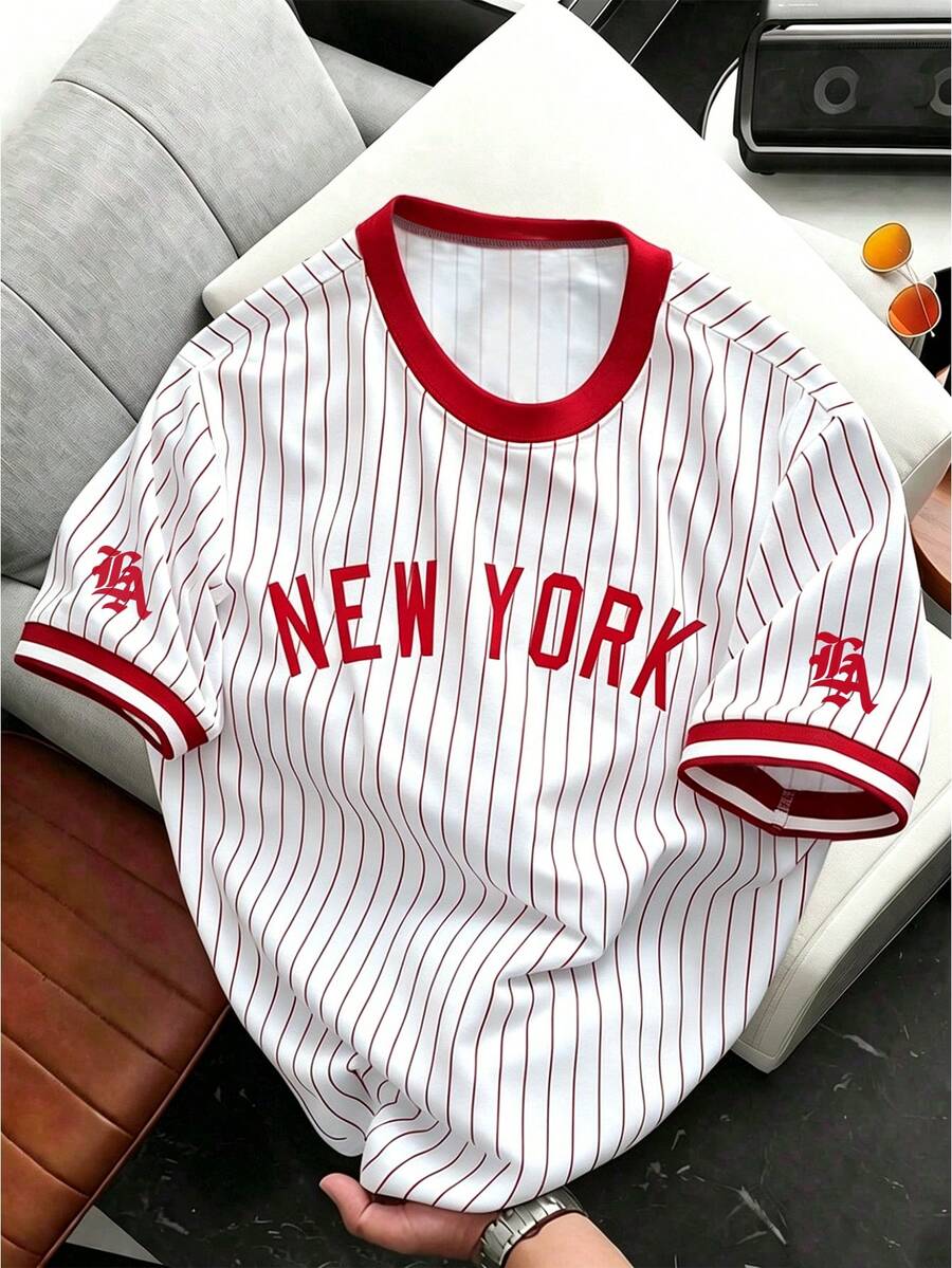Manfinity Hypemode Camiseta de manga corta con cuello redondo, estampado de letras a rayas y contraste de color para hombre talla grande - Multicolor - Ver 1