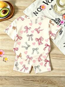 2件組夏季新款女童幼兒套裝，滿版蝴蝶結愛心印花，柔軟親膚面料，休閒清新可愛百搭，適合幼兒園生日穿著，綠色 - 彩色 - 查看 4