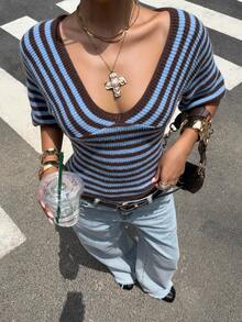 Muchica Women's Casual Holiday Knit Top: V-Neck, Short Sleeves, Batwing Sleeves, Blue And Brown Stripes; An Elegant Women's Top. - Multicolor - View 3