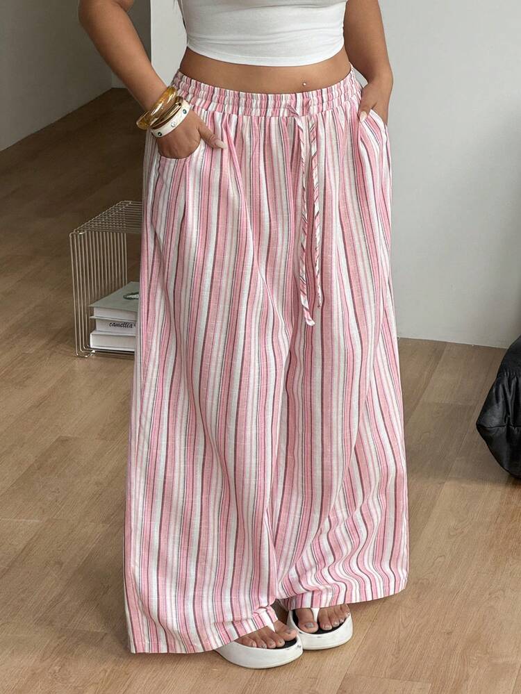 Coolane Pantalones de pierna ancha con cintura de cordón para mujer talla grande, tejidos a rayas rosas - Rosa - Añade 5