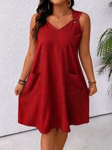 Linhara CURVE Plus Size Women's Striped Dual Pocket Casual Sleeveless Dress - Red - View 7