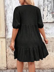 Breezaya 大尺碼 V 領燈籠袖流蘇水溶性蕾絲拼接洋裝 - 黑色 - 查看 2