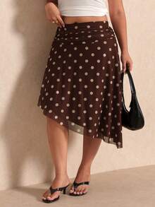 Elaquor Plus Size Summer Casual Polka Dot Print Asymmetric Hem Skirt - Coffee Brown - View 2