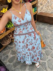 Weeklong Plus Size Women's Spring/Summer Ruffle Backless Print A-Line Casual Vacation Dress - Multicolor - View 7