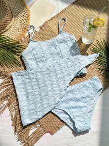 DAZY Tween Girl Solid Color Textured Swimwear Set Summer - Blue - View 4