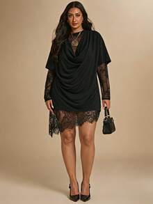 SHEIN BAE CURVE (NO Dress)Plus Size Women's Black Lace Patchwork Top,Everyday Casual T-Shirt,Autumn Solid Color Asymmetrical Hem T-Shirt,Spring & Summer ,Black Top - Black - View 5