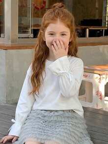 DAZY Young Young Girls Round Neck Long Sleeve T-Shirt With Bow Decor On Cuffs, Autumn - White - View 4