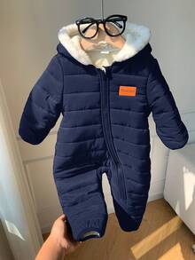 SHEIN Newborn BBaby Boys Cute Autumn/Winter Thermal Lined Thick Fur Collar Hooded Jumpsuit Ski Suit Unisex Baby Clothes Baby Winter Clothes - Navy Blue - View 7