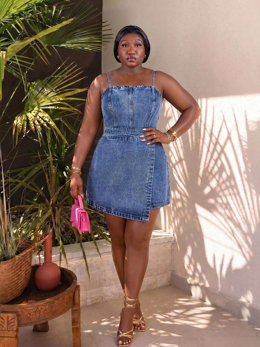 CurvyTilda Plus Size Denim Jumpsuit, Casual Bib Slim Fit Mini Blue,Back To School Summer