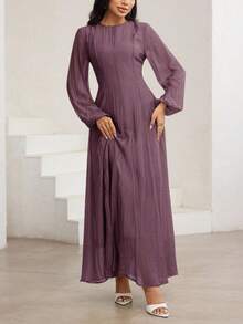 Veilorie 3/4 Sleeve High Neck Waist Gather Ruched Elegant Versatile Dress - Purple - View 2
