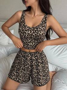DAZY 2pcs Leopard Print Fitted Tank Top & Loose Short Pajama Pants Summer Sleepwear Set For Women - Brown - View 5