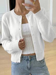 SHEIN Teen Girl Casual Versatile Solid Color Cardigan Back-To-School Graduation White Autumn - White - View 1