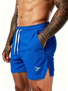 Coreblaze Pantalones cortos deportivos para hombre con estampado de bloques de color, cintura con cordón, bolsillos y bajo dividido - Azul - Ver 3