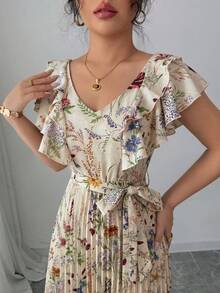 Elenzga V領數位印花度假風荷葉邊收腰A字優雅浪漫女款洋裝 - 彩色 - 查看 4