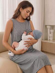 Slowluna Vestido de maternidad de unicolor con función de lactancia, casual para uso diario y salidas - Gris - Ver 2