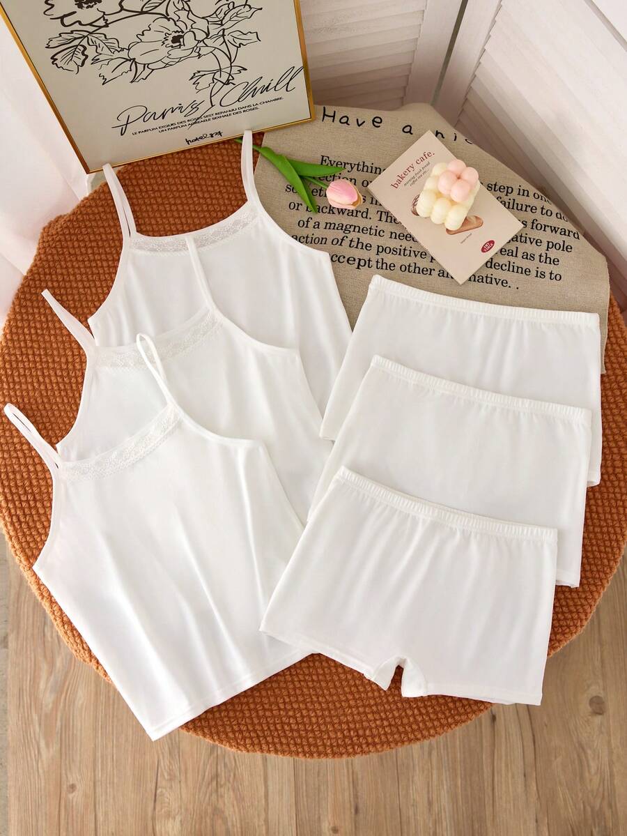 SHEIN 6pcs/Set White Lace Sweet Cute Comfortable Casual Wearable Camisole & Bikini Panty Underwear Set For Girls - White - View 1