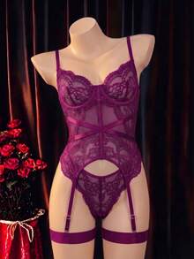SHEIN 3件組蕾絲飾邊性感內衣文胸套裝 - 玫紅色 - 查看 7