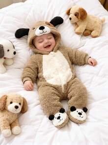 SHEIN Baju Terusan Bayi Baru Lahir Lucu Berbahan Plush Desain Anak Anjing 3D, Lengan Panjang Berkerudung dan Celana Panjang dengan Penutup Kaki - Coklat - View 8