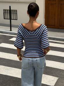 Muchica Women's Casual Holiday Knit Top: V-Neck, Short Sleeves, Batwing Sleeves, Blue And Brown Stripes; An Elegant Women's Top. - Multicolor - View 2