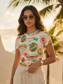 CAJUNI Tropical Print Short Sleeve Casual Vacation Top Beige Summer - Multicolor - View 3