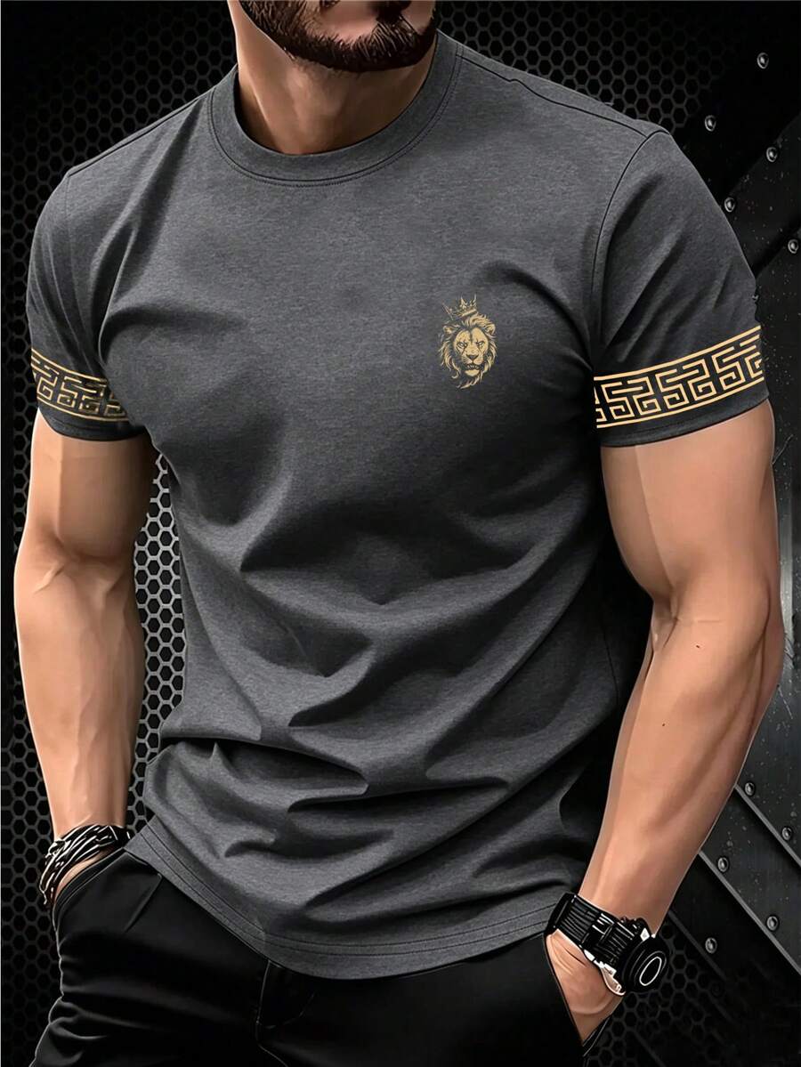 Manfinity Homme 男士經典時尚休閒黑色圓領印花T恤,獅子戴皇冠印花圓領短袖T恤 - 彩色 - 查看 1