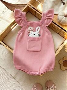 SHEIN Mono suéter casual de otoño para bebé niña con cuello cuadrado, volantes y estampado lindo de conejo - Rosa - Ver 7
