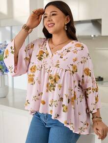 Rosumi Women's Plus Size Mid-Sleeve V-Neck Pink Printed Blouse Fall - Multicolor - View 7