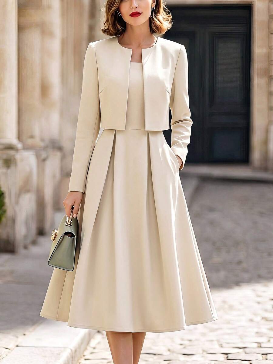 SHEIN Raffinéa Off-White Short Jacket And Dress Two-Piece Set; Professional Suit Set; Elegant Outfit For Wedding Guests; French-Style All-Season Office Ensemble. - Beige - View 1