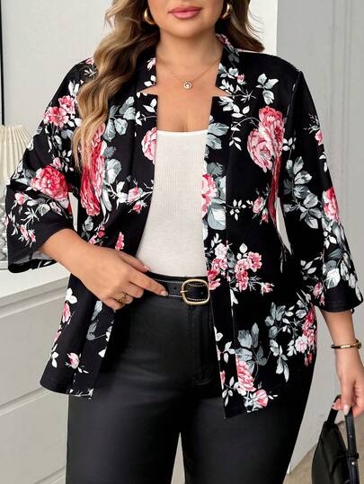 SHEIN CURVE+ Nuevo Blazer Delgado para Mujer Talla Grande, Adecuado para Todas las Estaciones, Blazer Estampado Casual de Negocios para Mujer, Blazer Elegante Casual de Otoño/Invierno para Halloween, Elegante Casual de Moda de Otoño/Invierno