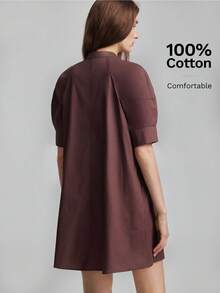 Ontre 2026 New All-Season Minimalist Fashion Elegant Casual Luxury Commute Vacation Party Wedding Outfit Knit Short Sleeve Round Neck Loose Button Brown Solid Color Women's Short Dress Versatile Slimming Heightening Elegant Daily Wear Commute Wear Work Wear Date Wear Fashion Wear Street Wear - Brown - View 8