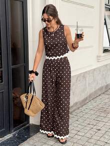Serisse Women's Brown And White Polka Dot Contrast Color Top And Pants Casual Vintage Elegant Tropical Daily 2 Pieces Set Vacation Summer Brunch - Brown - View 6