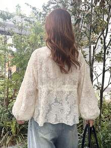 FRIFUL 女款休閒純色鏤空燈籠袖上衣 - 杏色 - 查看 3