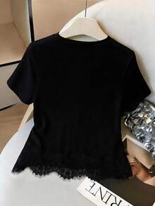 EMERY ROSE Women's Round Neck Short Sleeve Lace Patchwork T-Shirt Brunch Formal Black Summer Casual Decent - White - View 2