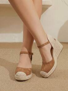 Styleloop Solid Color Gentle And Versatile Buckle Wedge Sandals - Coffee - View 8