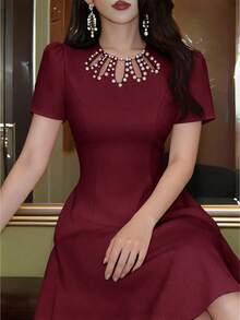 Feyla Chic Maroon A-Line Cocktail Dress For Women Featuring Intricate Pearl Neck Detailing And Flattering Short Sleeves - Burgundy - View 2