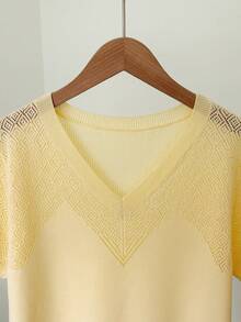 valorelle valorelle Women's Vintage V-Neck Diamond Hollow Patchwork Short Sleeve Ribbed Knit Top - Yellow - View 7