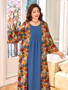 Lacomfia Vestido casual con estampado, patchwork y unicolor, manga 3/4, corte holgado regular, talla grande para primavera/verano - Multicolor - Ver 3