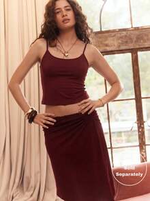 Aralina Women's Autumn Lace Waist Trim Detail Asymmetrical Hem Ruched Front Detail Holiday Vacation Beach Date Work Festival Knee Length Skirt Burgundy Casual - Burgundy - View 7