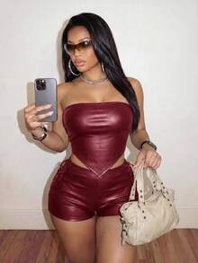 Slaydiva New Street Casual Sexy Hot Girl Y2K Burgundy PU Halter Neck Front Center Strap Top Club Party Summer - Burgundy - View 10