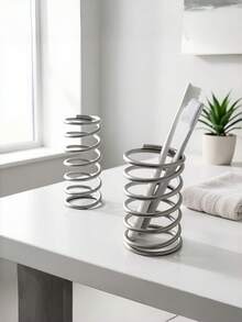 1 PC Stainless Steel Spiral Hollow Toothbrush Holder 2 In 1 Makeup Brush Pen Organizer Rack Bathroom Vanity Desk Quick Drying Multifunctional Storage Stand Space Saving Desk Tray Dorm Room Essential - Silver - View 6