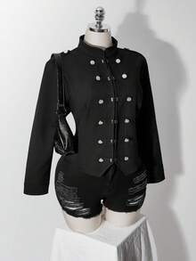 SHEIN ICON Women's Plus Size Distressed Washed Double-Breasted Jacket Fall - Black - View 8