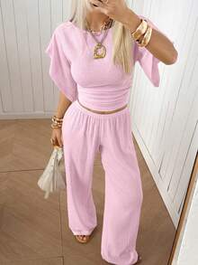 SHEIN EZwear 女款紋理時尚修身上衣與寬鬆休閒長褲家居服套裝 - 淺粉色 - 查看 7
