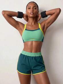 Powerista Green Colorblock Yellow Wide Shoulder Straps Sports Bra And Women's Gym Shorts Set For Running & HIIT Workout Women Summer Gym Sets - Green - View 2