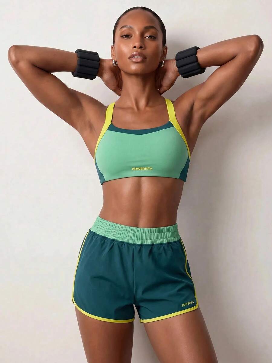 Powerista Green Colorblock Yellow Wide Shoulder Straps Sports Bra And Women's Gym Shorts Set For Running & HIIT Workout Women Summer Gym Sets