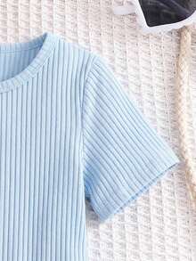 SHEIN 少女款針織素色拼接梭織碎花休閒洋裝 - 藍白色 - 查看 5