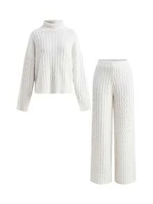 ROMWE Kawaii Autumn/Winter Casual Home Wear Versatile Loose Cable Knit 2 Pieces Set - White - View 1