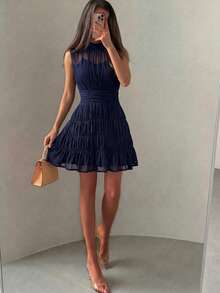NOVVYNE Black Chiffon Shirred Waist Sleeveless Elegant French Style Vacation Party Dress For Women - Royal Blue - View 3