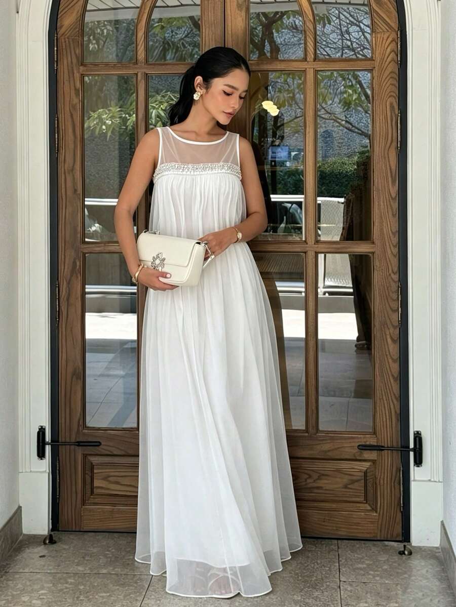 Yunfilé 女士优雅时尚通勤休闲舒适迷人复古简约高端浪漫度假海滩夏季约会透视网纱串珠宽松无袖雪纺纯色长裙 - 白色 - 查看 1