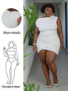 CurvyTilda Spring/Summer New Elegant & Party & Date & Wedding Season & Graduation & Birthday & Evening & Family Dinner & Candlelight Dinner Slim Solid White Asymmetric Sleeveless Ruched Hem Elastic Knit Fabric Plus Size Mini Dress - White - View 2